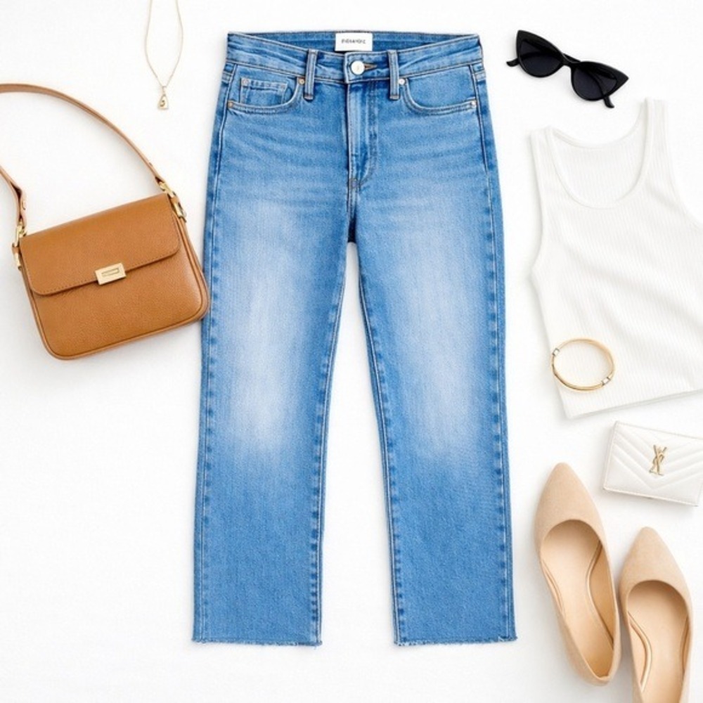 FRAME Le Sylvie Slim Straight Cropped Jeans Raw Hem Mid Rise Size 26 Blue EUC - Picture 14 of 16